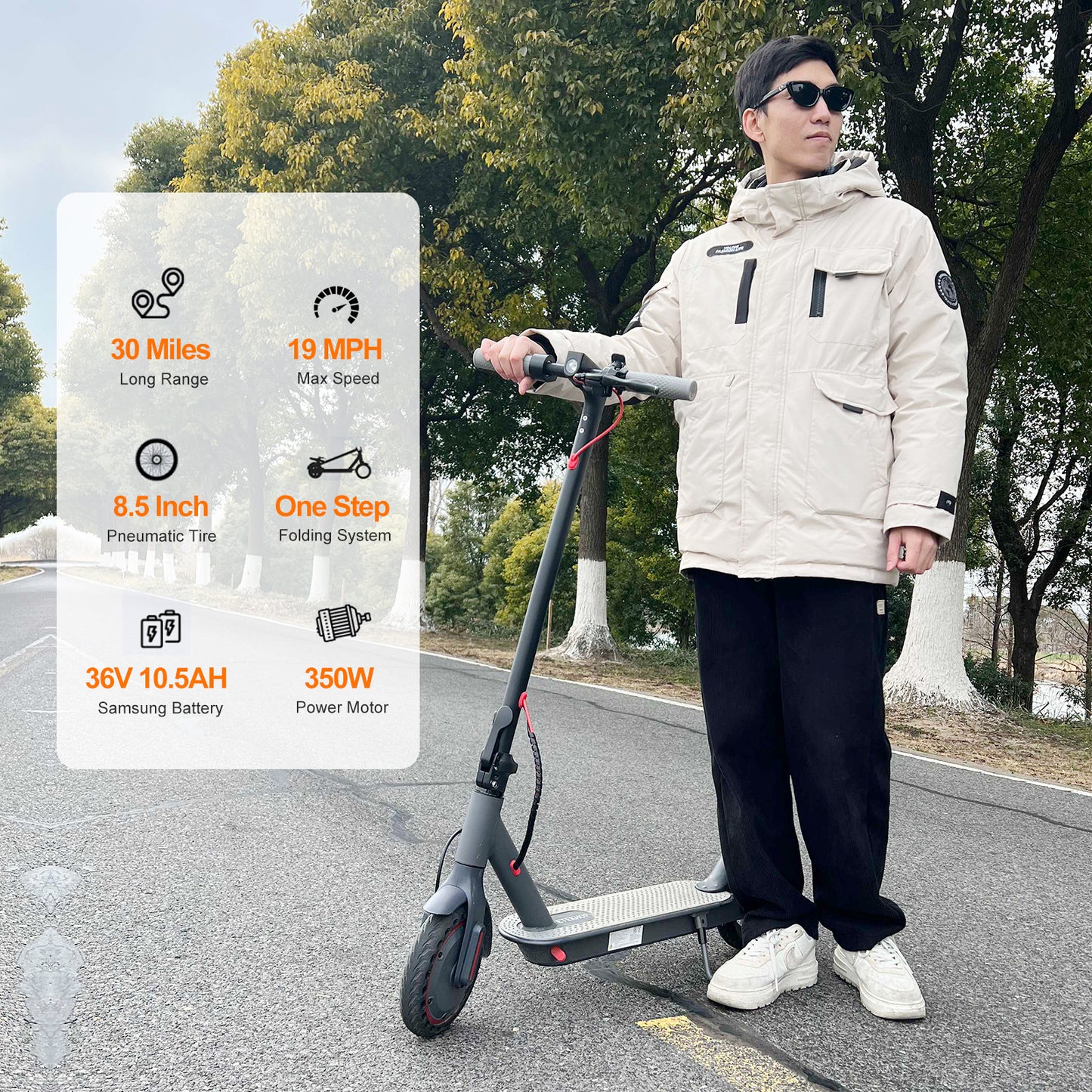 Electric Scooter,30 Miles Long Range 36V 10.5AH Battery,350W Motor,19 Mph Top Speed,8.5" Solid Tires Portable Commuter Folding Electric Scooter for Adults and Teens with APP Control