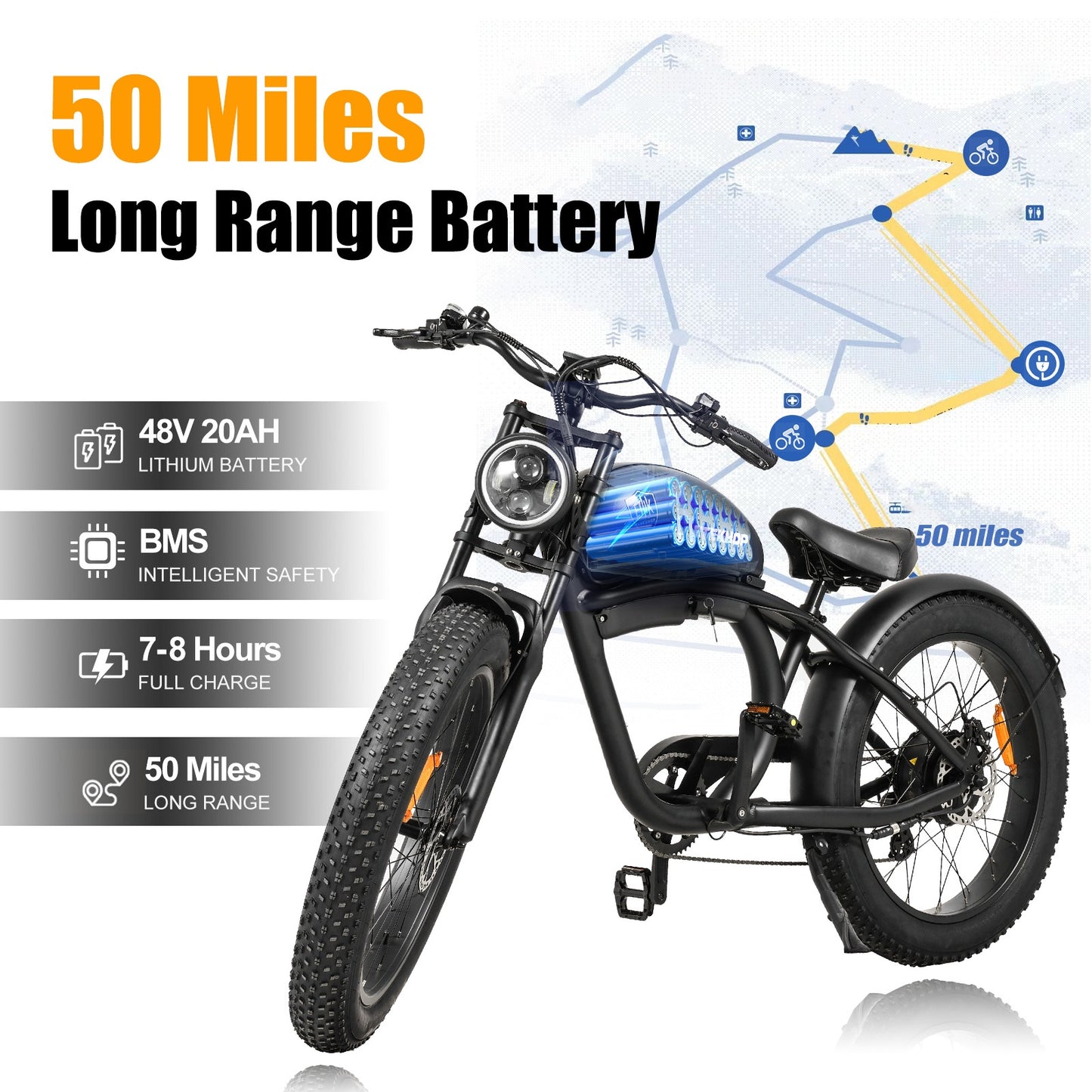 S26 Retro Electric Cruiser Bike: 1500W Peak Power Motor, 34 MPH, 48V 20Ah Battery 50 Mile Long Range, 26" Fat Tires for Any Terrain, with Shimano 7-Speed, Hydraulic Disc Brakes