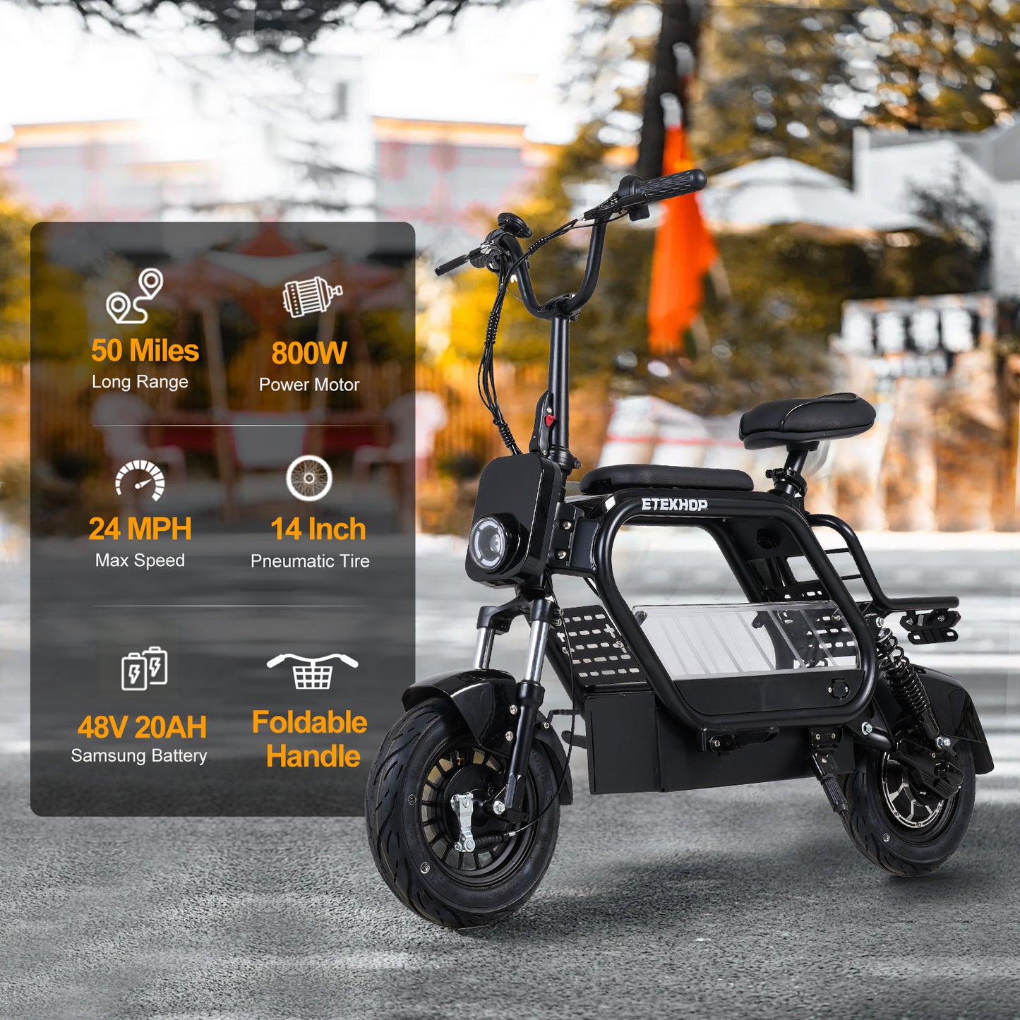 ETEKHOP Electric Scooter For Adults, 48V 20Ah Samsung Battery, 50 Miles Long Range, 800W Peak Power, 24MPH Top Speed, All-Terrain 14" Tubeless Tires, with Large Storage and Front Rear Suspension