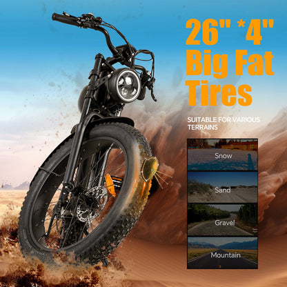 S26 Retro Electric Cruiser Bike: 1500W Peak Power Motor, 34 MPH, 48V 20Ah Battery 50 Mile Long Range, 26" Fat Tires for Any Terrain, with Shimano 7-Speed, Hydraulic Disc Brakes